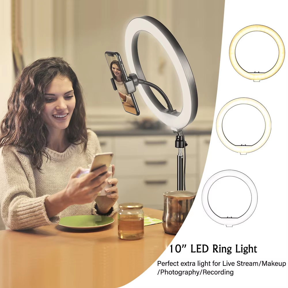 10Inch LED Ring Light Photography Selfie Ring Lighting with Tripod Stand for Smartphone Youtube Makeup Video Studio Ring Lamp