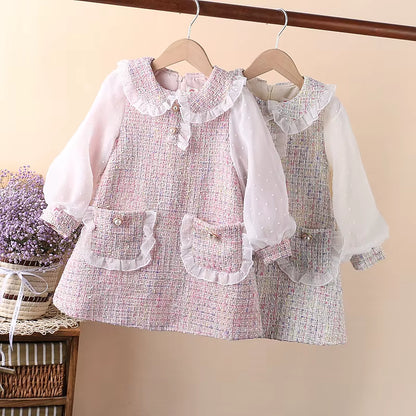 Cute Baby Girls Dresses Spring Autumn Puffle Sleeve Kids Princess Clothes Plaid Doll Collar Party Teens Wear for 6 8 10 12 Years