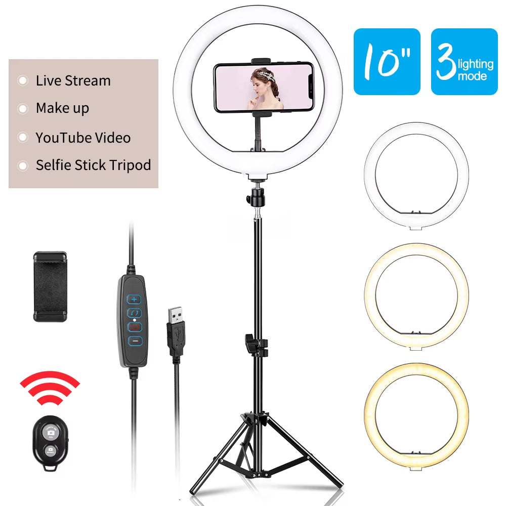 10Inch LED Ring Light Photography Selfie Ring Lighting with Tripod Stand for Smartphone Youtube Makeup Video Studio Ring Lamp