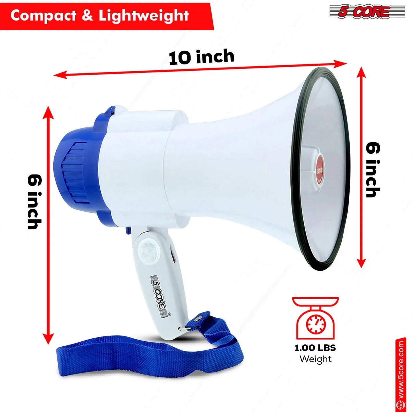 5Core Megaphone Bullhorn Speaker 30W Mini Bull Horn Battery Power Megafono 800 Feet