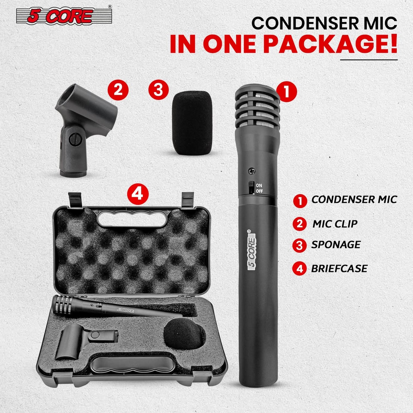 5Core Instrument Microphone Professional XLR Cardioid Pencil Stick Condenser Mic Black