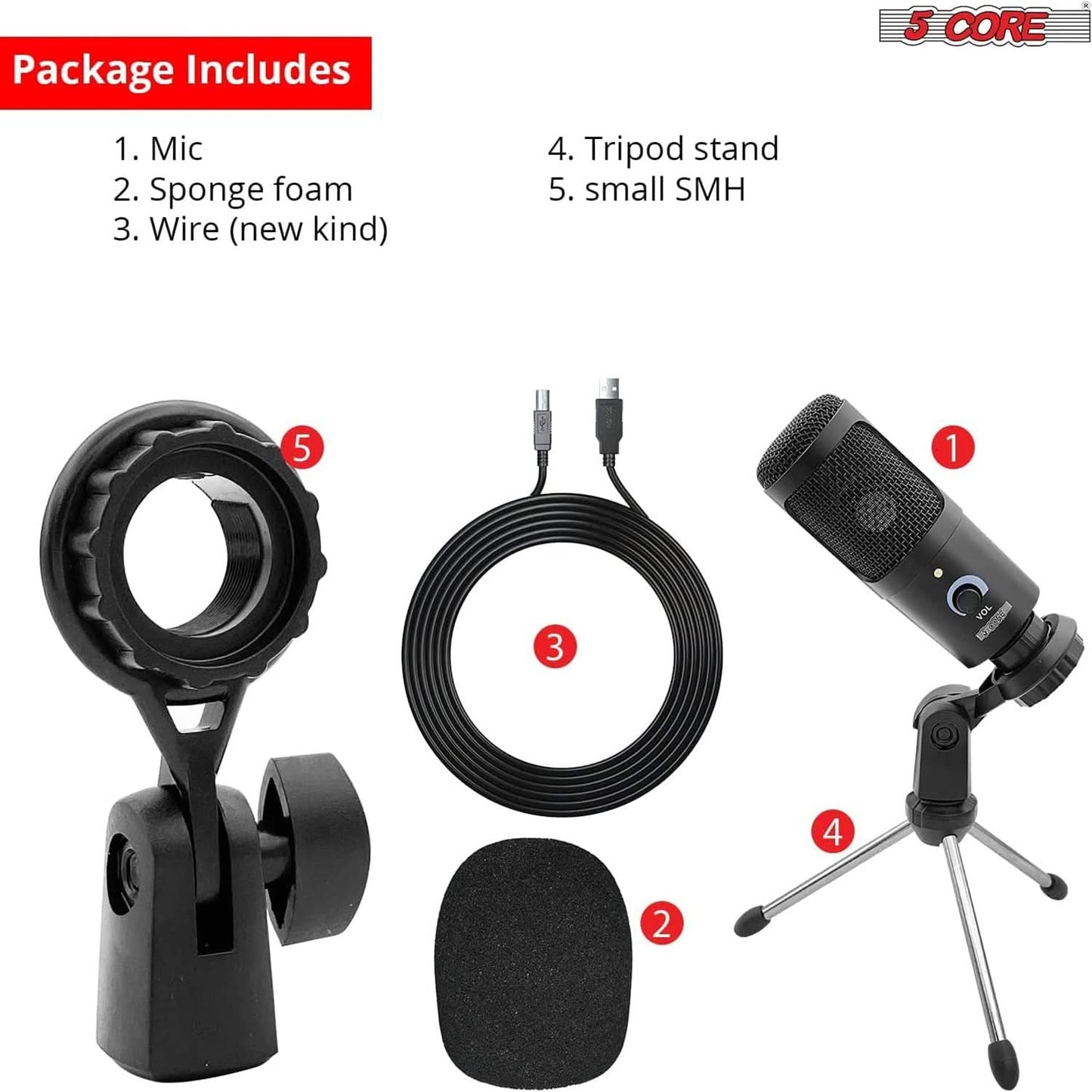 5 Core Recording Microphone Podcast Bundle W Condenser Mic • Desk Stand • Foam Cover • Shock Mount