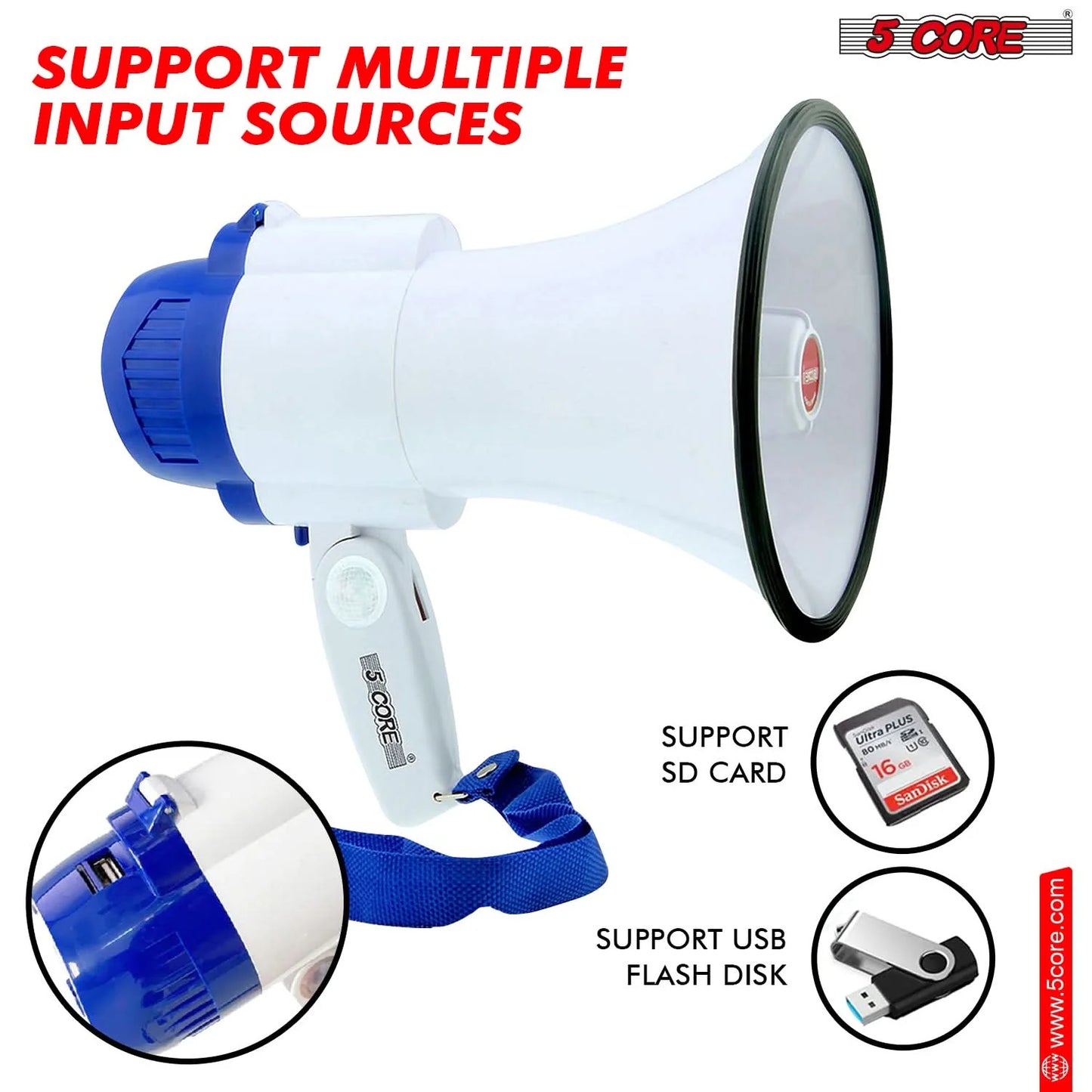 5Core Megaphone Bullhorn Speaker 30W Mini Bull Horn Battery Power Megafono 800 Feet