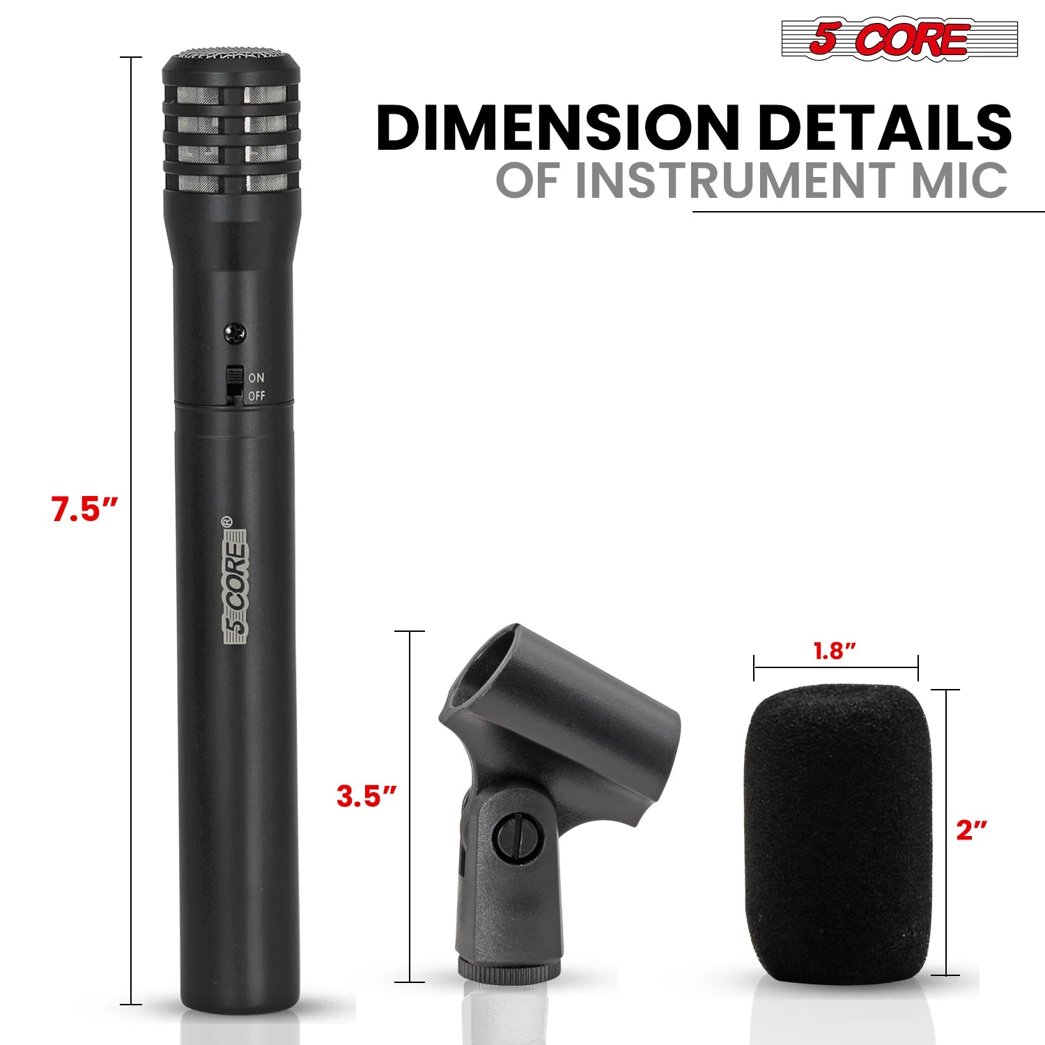 5Core Instrument Microphone Professional XLR Cardioid Pencil Stick Condenser Mic Black